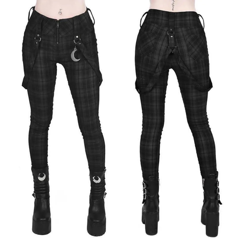 Killstar Dark grey tartan trousers with detachable straps.